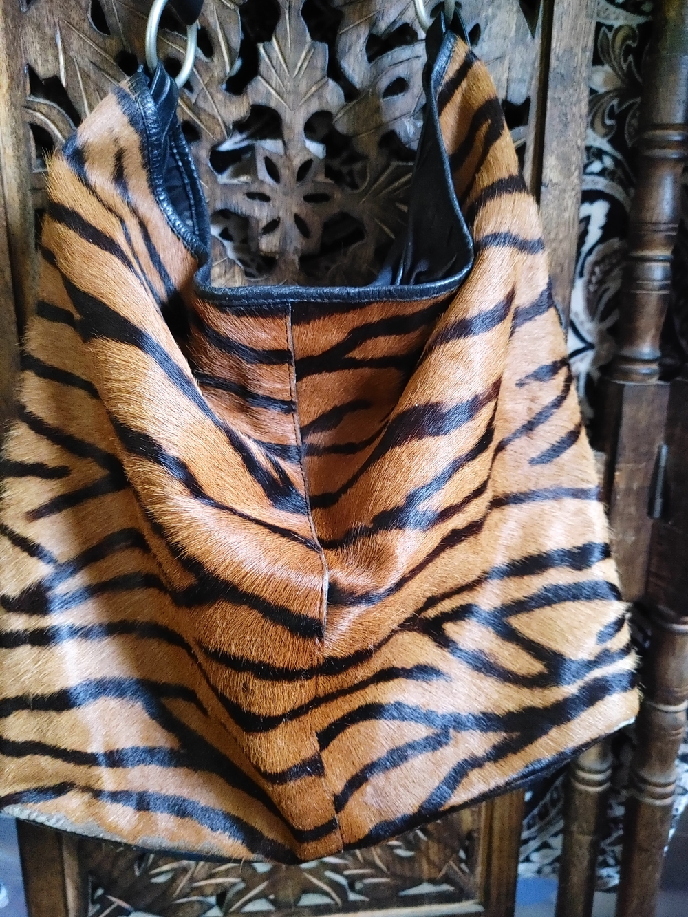 Purse In Tiger Print Fur Hide Tote Bag Heavy Black Leather